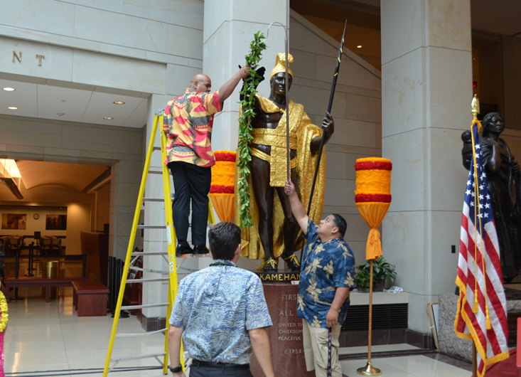 decorating the statue